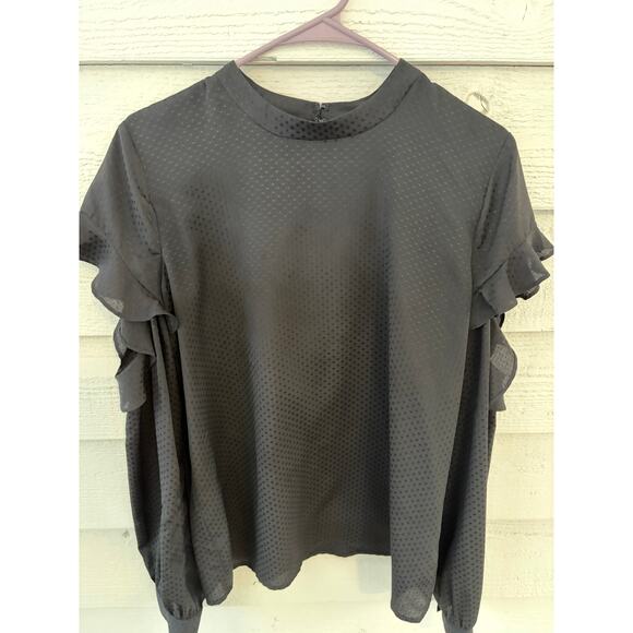 EXPRESS Black Swiss Dot Blouse Ruffle Sleeve Sheer Textured Top L - Picture 3 of 6